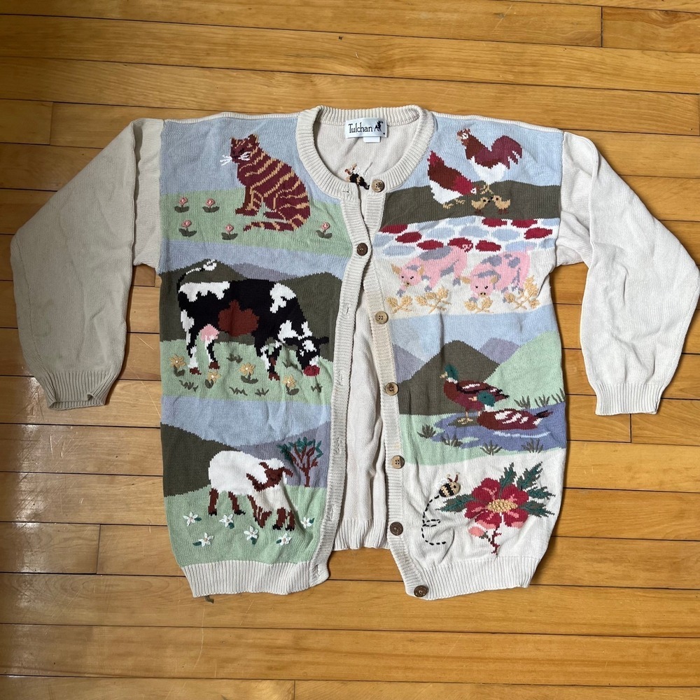 Vintage Tulchan Novelty Cardigan Sweater Cream Multicolor Medium
